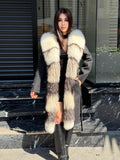 Black Long Alpaca Wool Coat With Fur Trim, Luxury Handmade Women Front Frost Fox Fur Jacket