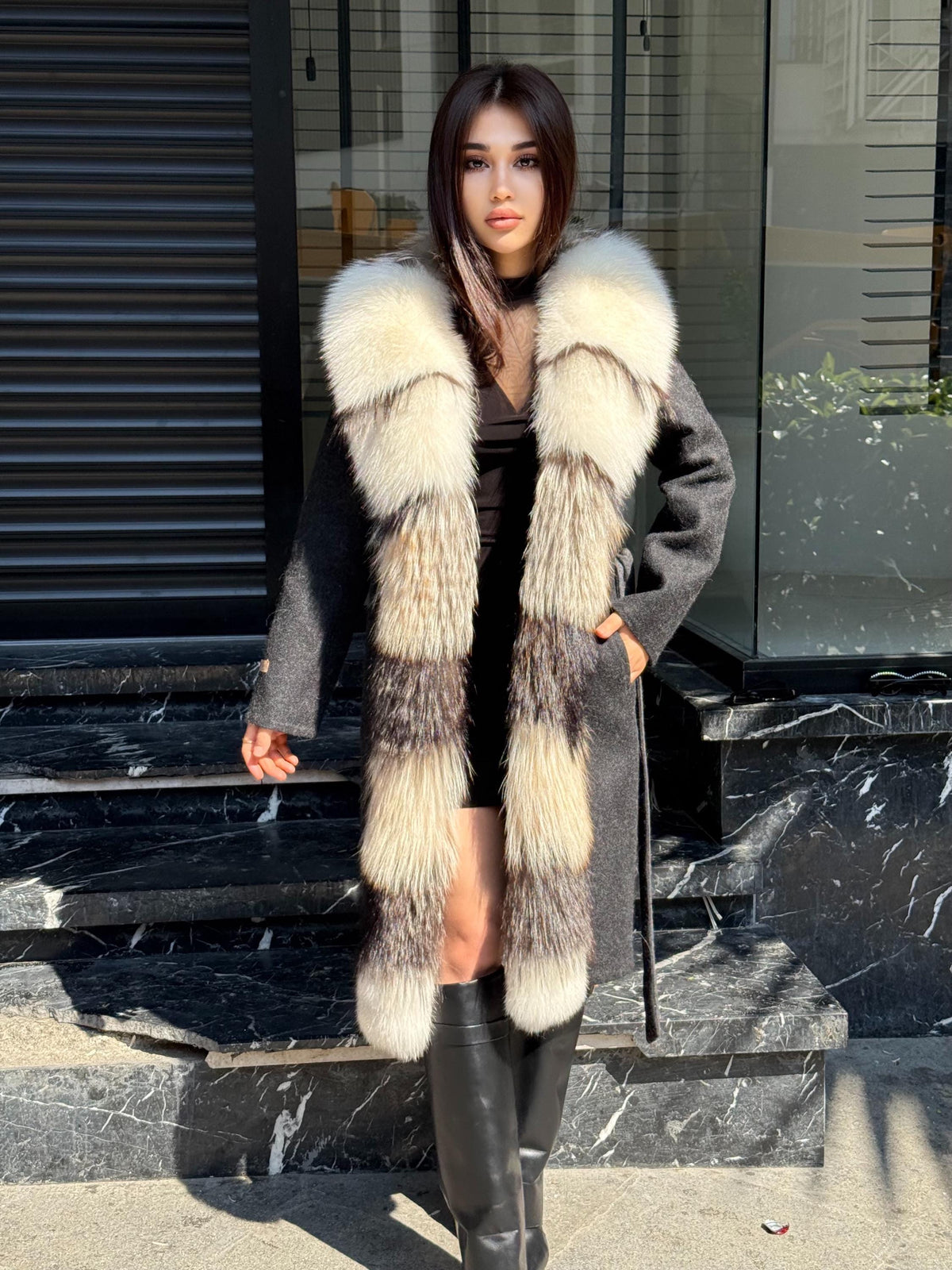 Black Long Alpaca Wool Coat With Fur Trim, Luxury Handmade Women Front Frost Fox Fur Jacket
