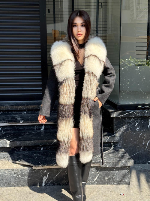Black Long Alpaca Wool Coat With Fur Trim, Luxury Handmade Women Front Frost Fox Fur Jacket