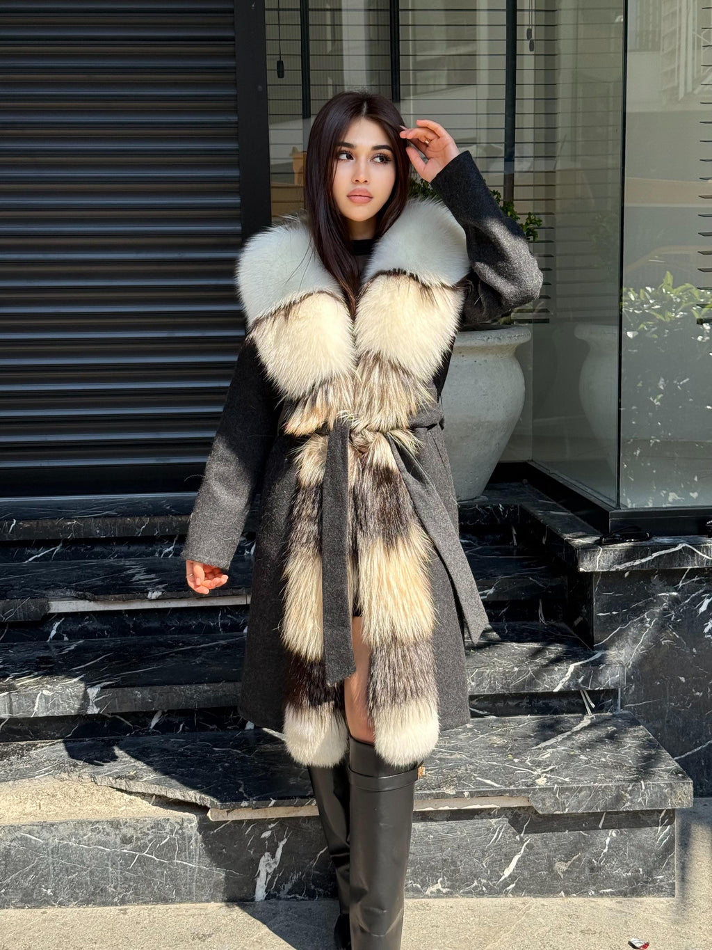 Black Long Alpaca Wool Coat With Fur Trim, Luxury Handmade Women Front Frost Fox Fur Jacket