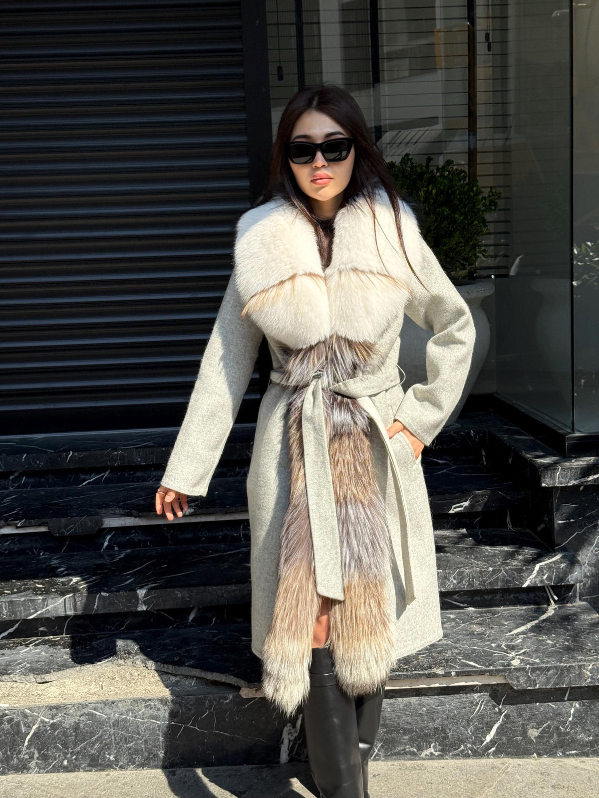 Gray Handmade Women Alpaca Coat With Fox Fur , Luxury Wool Outwear | Soft Warm Natural Alpaca Wool Coat| All Colours Available