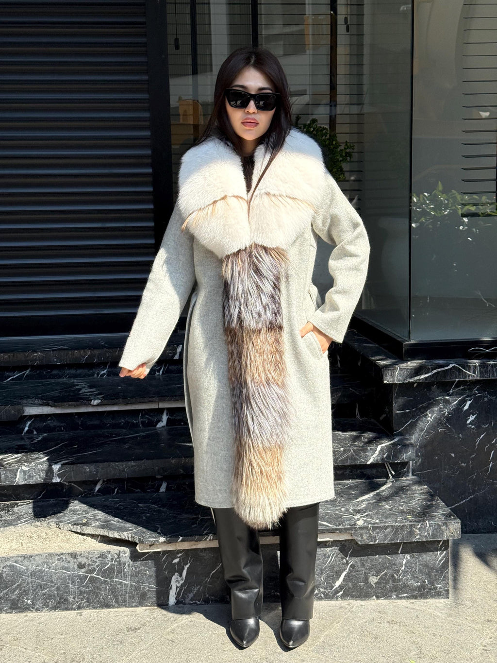 Gray Handmade Women Alpaca Coat With Fox Fur , Luxury Wool Outwear | Soft Warm Natural Alpaca Wool Coat| All Colours Available