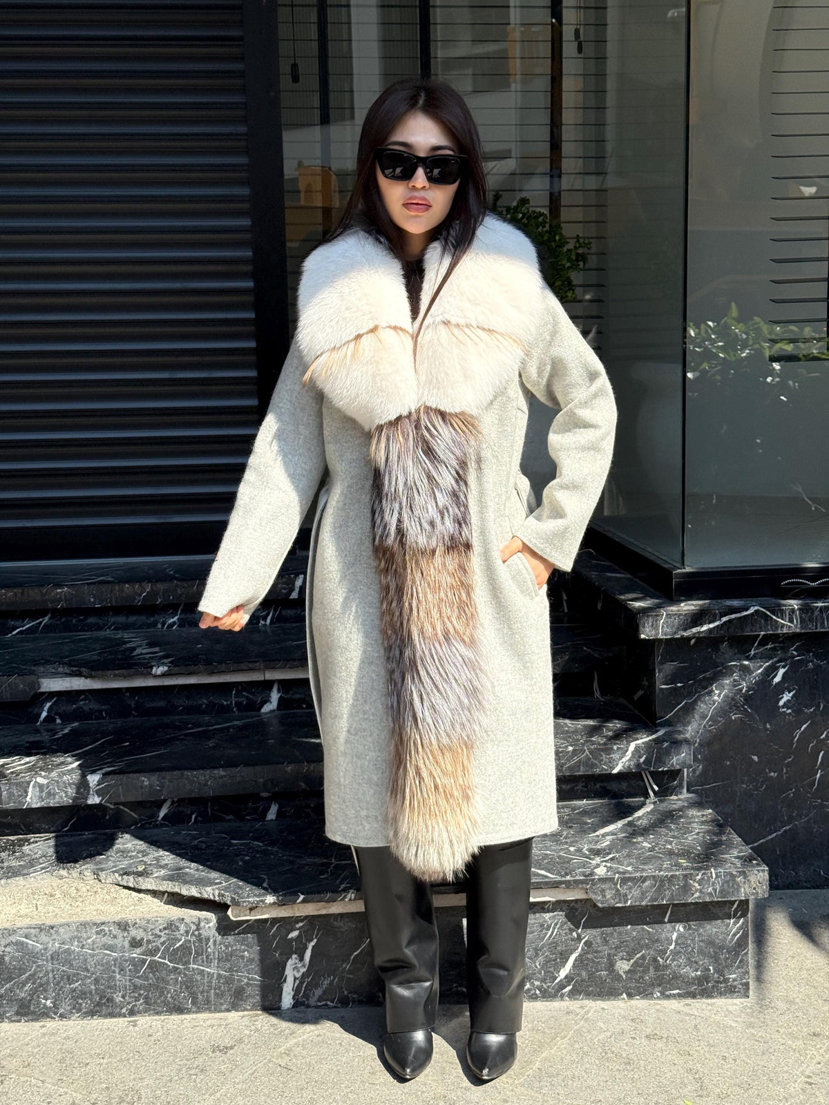 Gray Handmade Women Alpaca Coat With Fox Fur , Luxury Wool Outwear | Soft Warm Natural Alpaca Wool Coat| All Colours Available