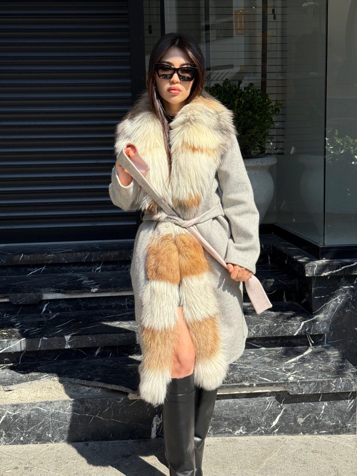 Gray Handmade Women Alpaca Coat With Fox Fur , Luxury Wool Outwear | Soft Warm Natural Alpaca Wool Coat| All Colours Available