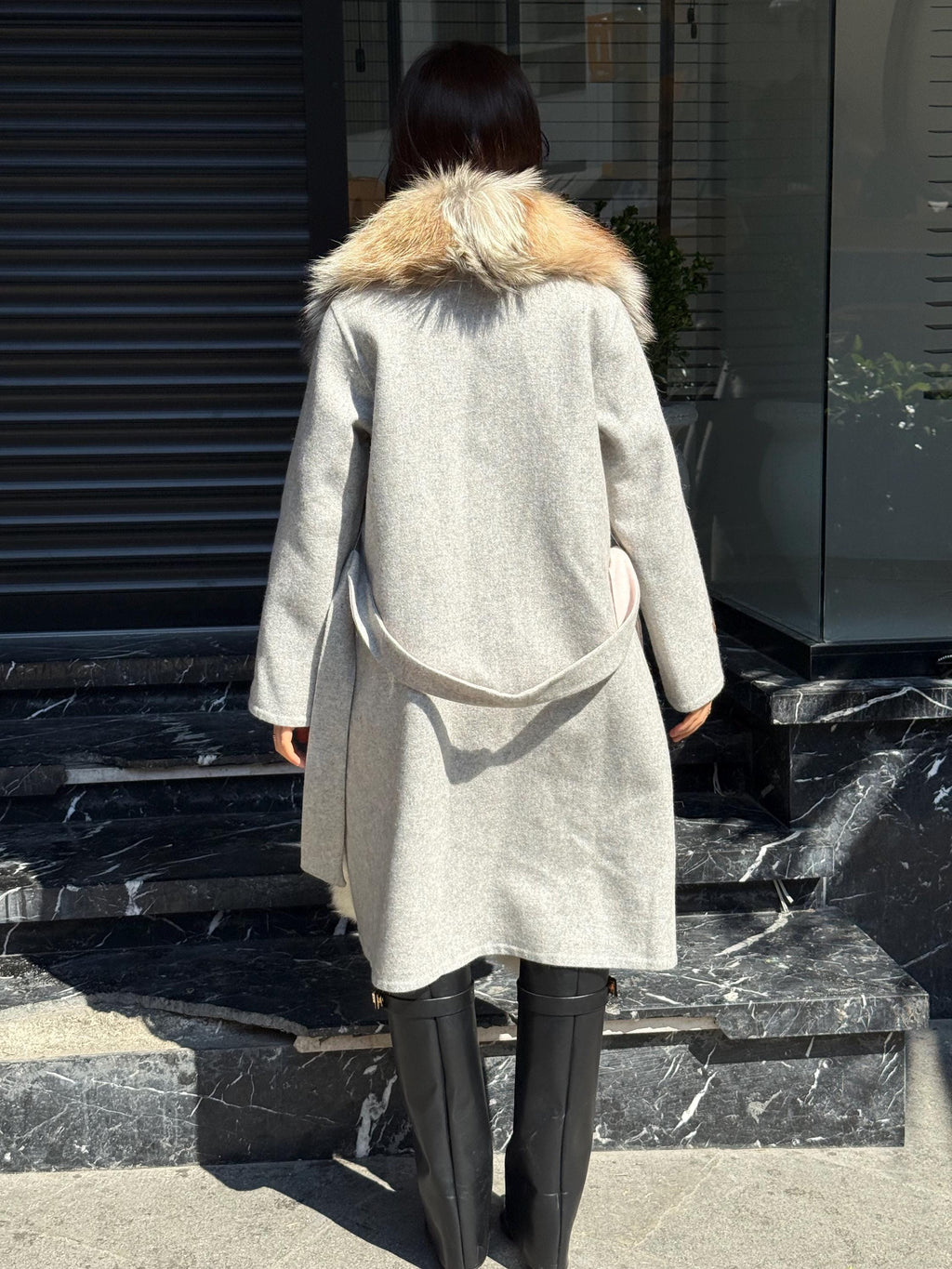 Gray Handmade Women Alpaca Coat With Fox Fur , Luxury Wool Outwear | Soft Warm Natural Alpaca Wool Coat| All Colours Available