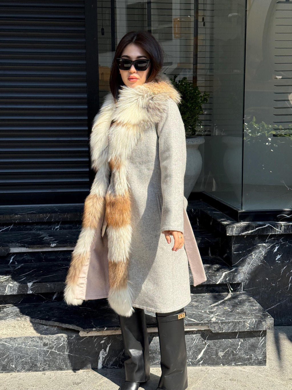 Gray Handmade Women Alpaca Coat With Fox Fur , Luxury Wool Outwear | Soft Warm Natural Alpaca Wool Coat| All Colours Available