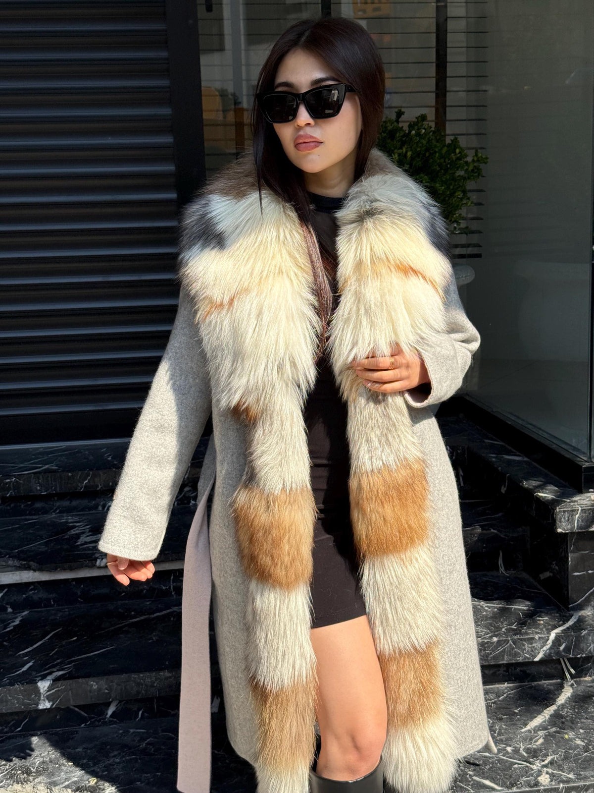 Gray Handmade Women Alpaca Coat With Fox Fur , Luxury Wool Outwear | Soft Warm Natural Alpaca Wool Coat| All Colours Available