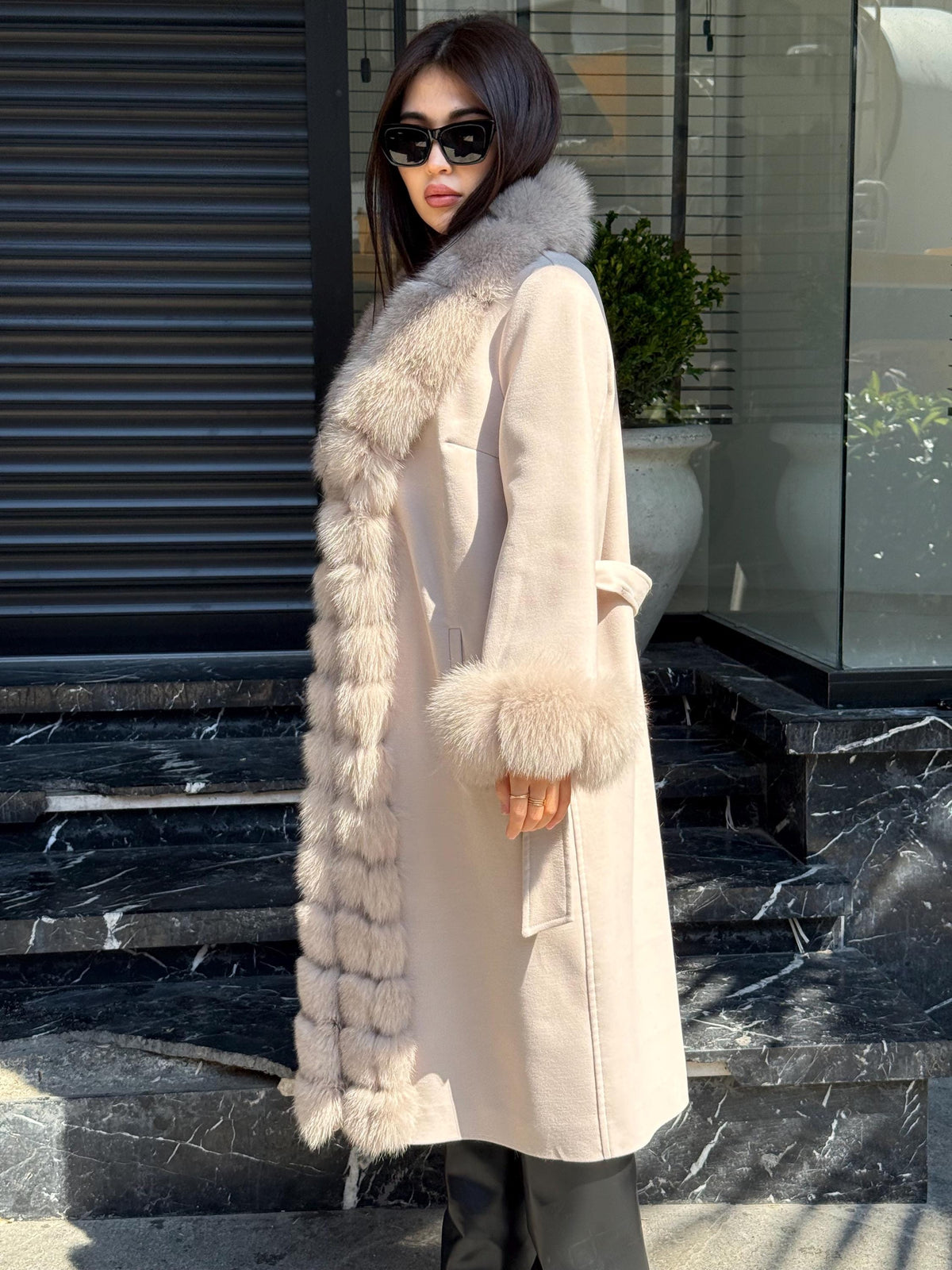 Beige Long Cashmere Front Cuffs Fox Fur Coat, Women Fox Fur Jacket - Front Fox Fur Jacket - Fox Fur Jacket