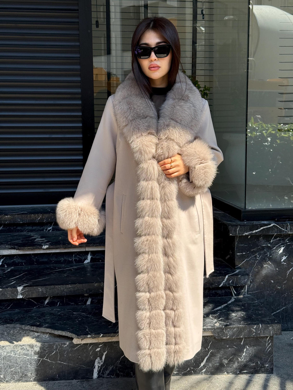 Beige Long Cashmere Front Cuffs Fox Fur Coat, Women Fox Fur Jacket - Front Fox Fur Jacket - Fox Fur Jacket