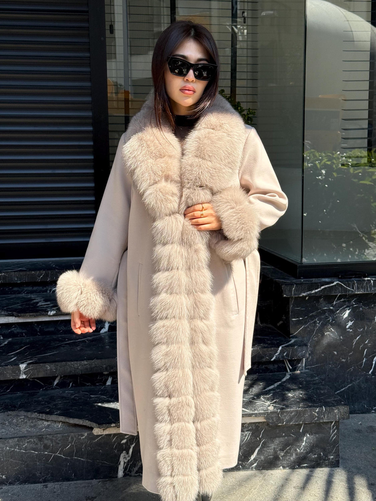 Beige Long Cashmere Front Cuffs Fox Fur Coat, Women Fox Fur Jacket - Front Fox Fur Jacket - Fox Fur Jacket