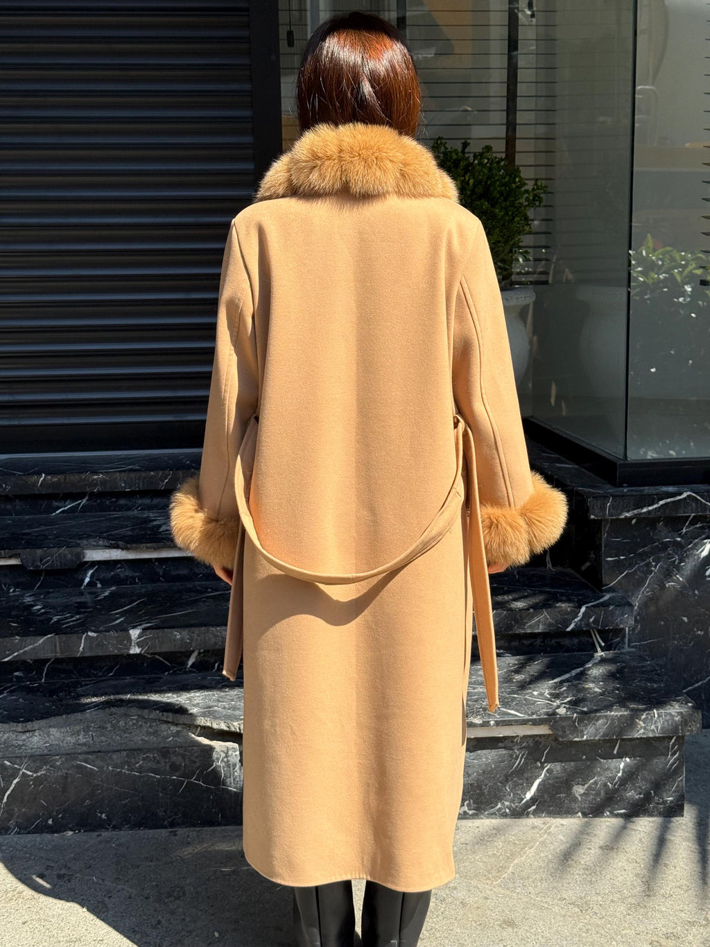 Camel Long Cashmere Front&Cuffs Fox Fur Coat, Women Fox Fur Jacket. - Camel Fox Fur Jacket -Fox Fur Jacket