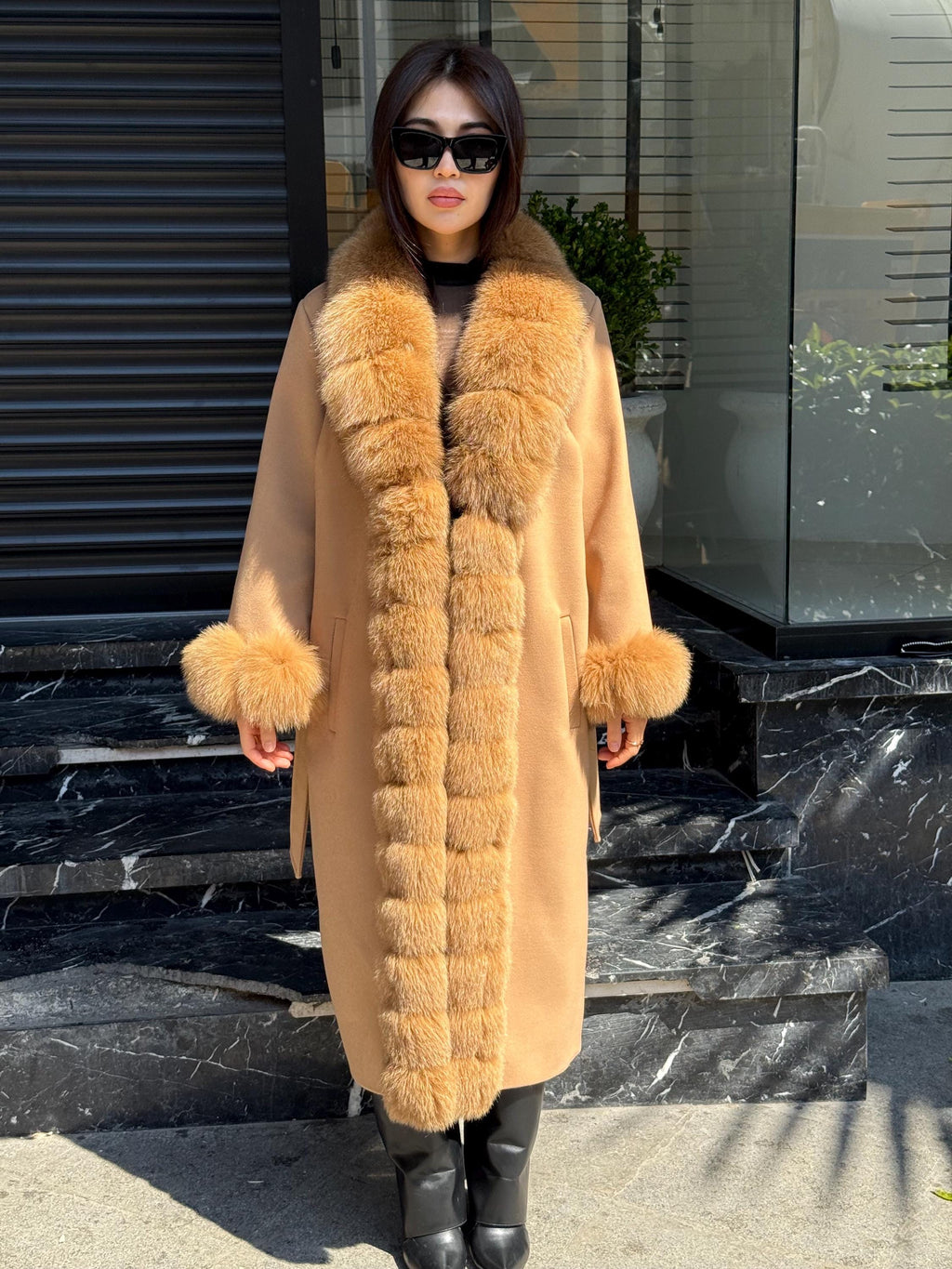 Camel Long Cashmere Front&Cuffs Fox Fur Coat, Women Fox Fur Jacket. - Camel Fox Fur Jacket -Fox Fur Jacket