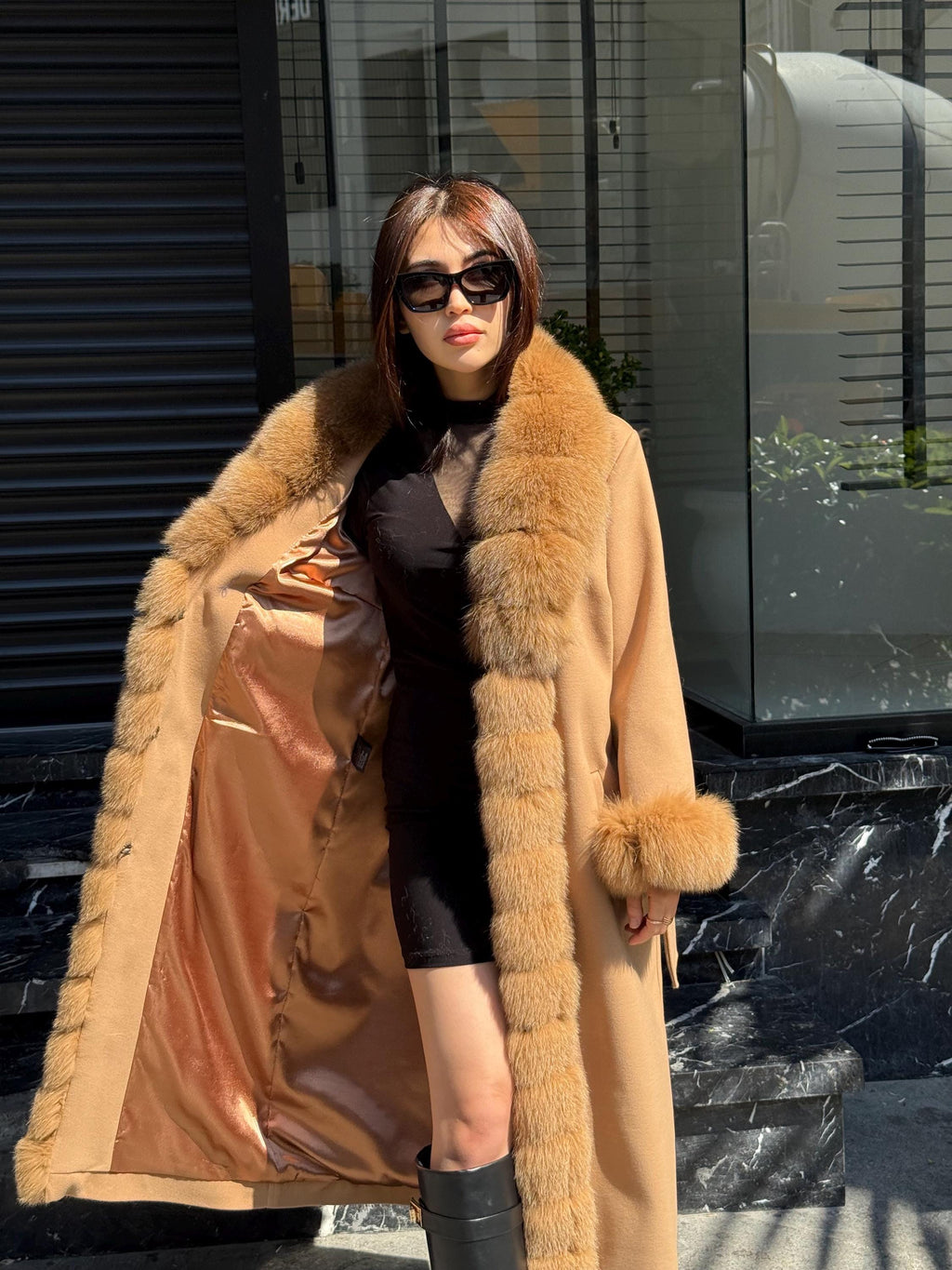 Camel Long Cashmere Front&Cuffs Fox Fur Coat, Women Fox Fur Jacket. - Camel Fox Fur Jacket -Fox Fur Jacket