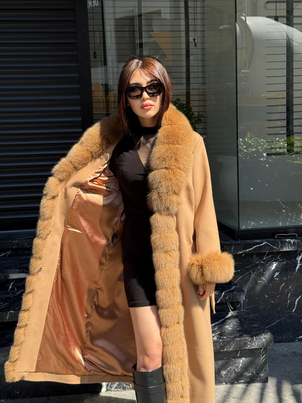 Camel Long Cashmere Front&Cuffs Fox Fur Coat, Women Fox Fur Jacket. - Camel Fox Fur Jacket -Fox Fur Jacket
