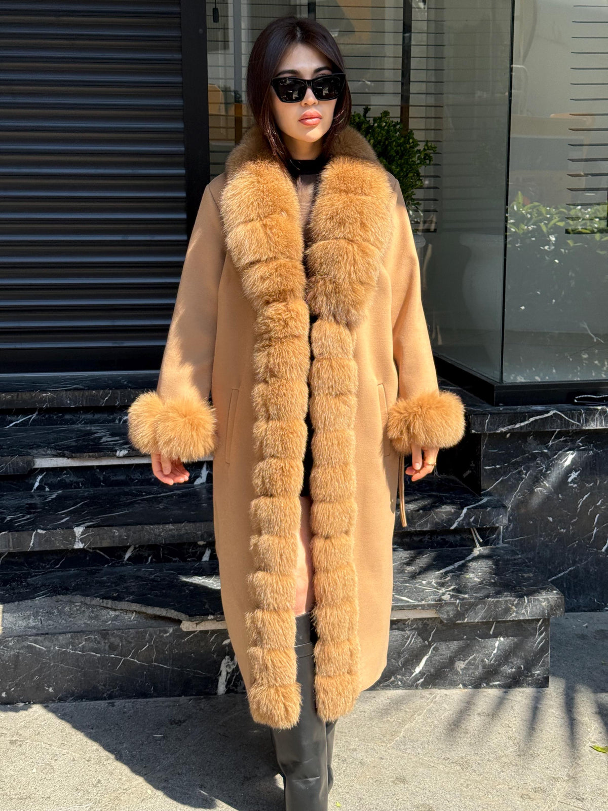 Camel Long Cashmere Front&Cuffs Fox Fur Coat, Women Fox Fur Jacket. - Camel Fox Fur Jacket -Fox Fur Jacket