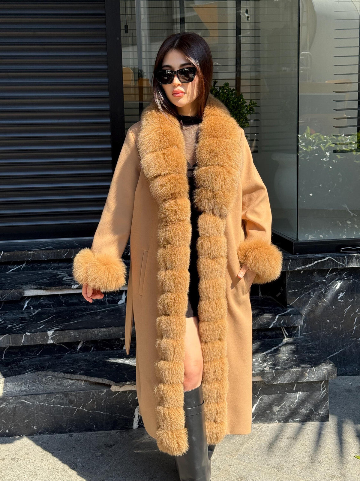 Camel Long Cashmere Front&Cuffs Fox Fur Coat, Women Fox Fur Jacket. - Camel Fox Fur Jacket -Fox Fur Jacket