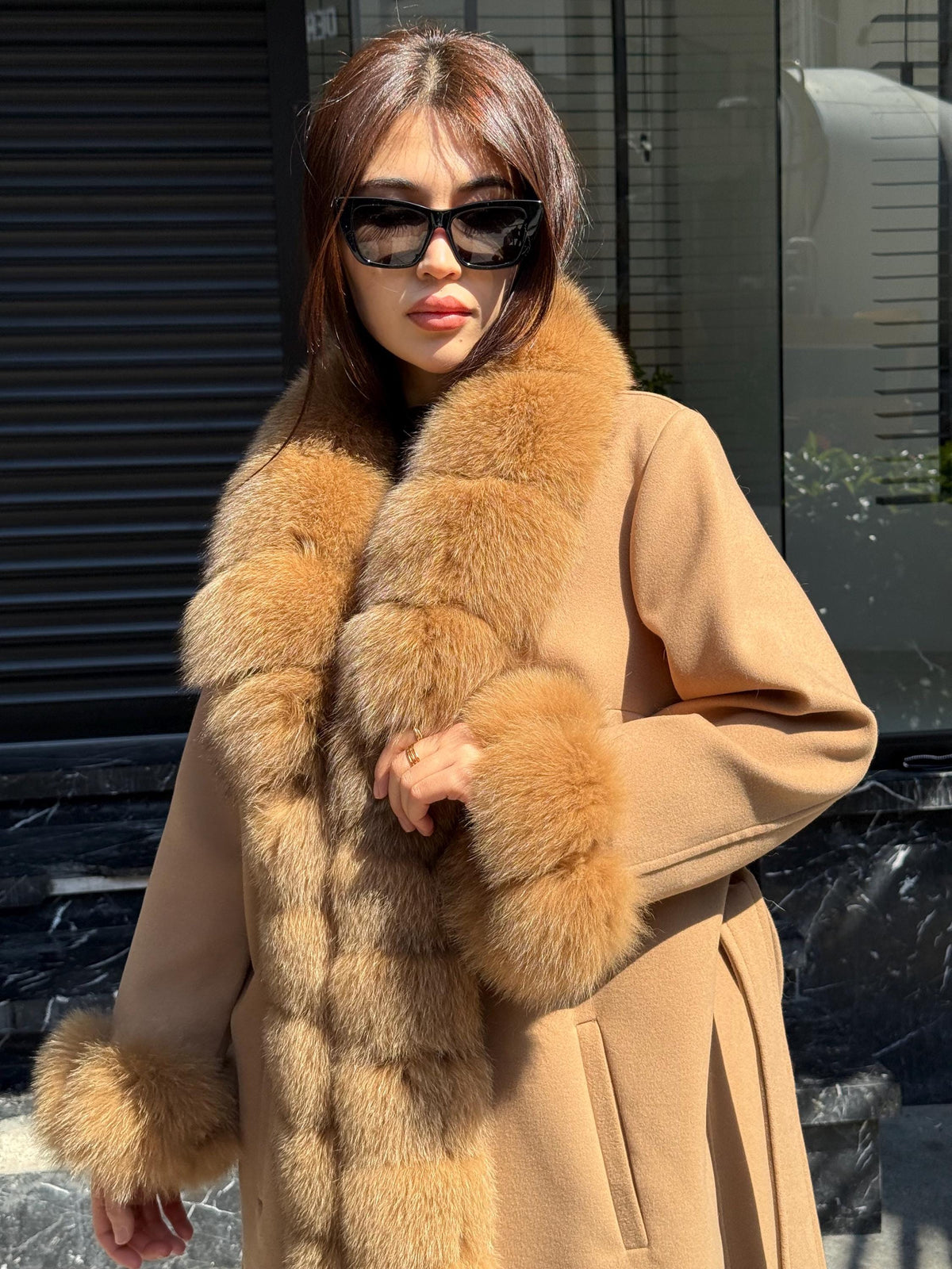 Camel Long Cashmere Front&Cuffs Fox Fur Coat, Women Fox Fur Jacket. - Camel Fox Fur Jacket -Fox Fur Jacket