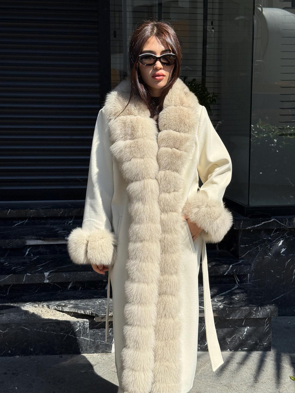 Cream Handmade Luxury Women Cashmere Front Fox Fur Coat | All Colours Available | Long Belted Cashmere Coat For Women with Fox Fur