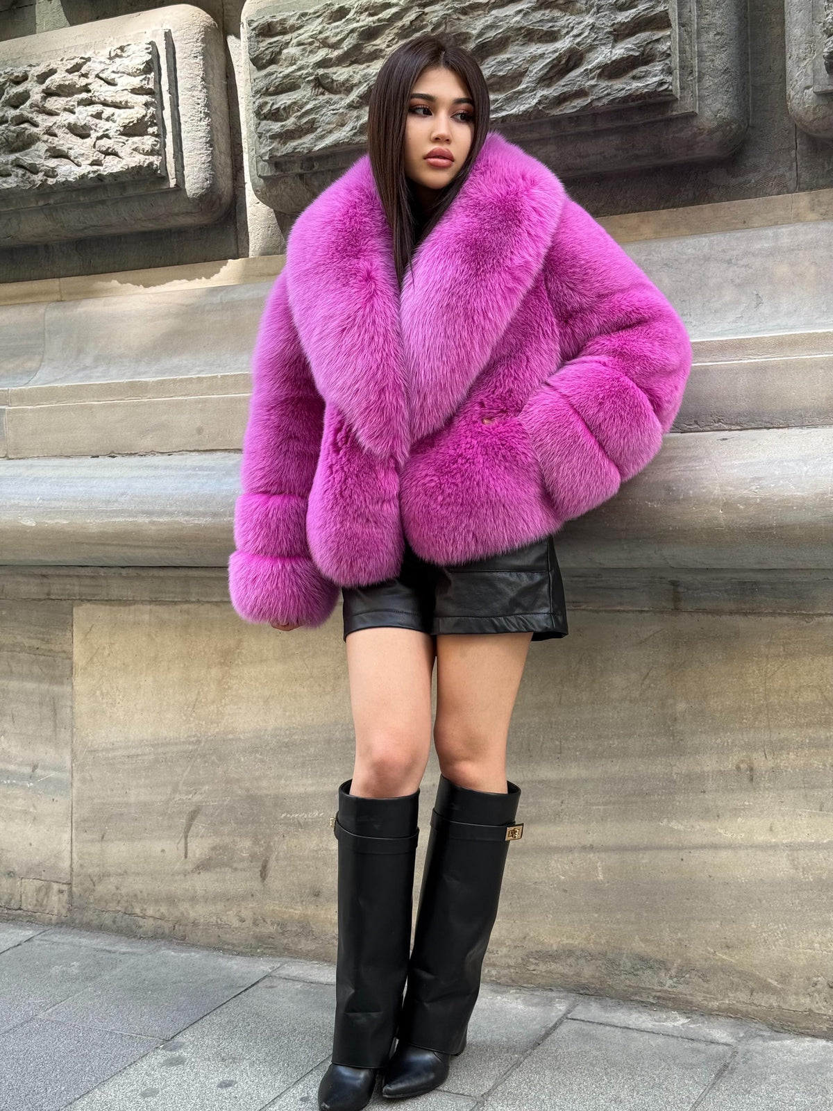 Pink Fox Fur Jacket, Handmade Women’s Short Fur Coat