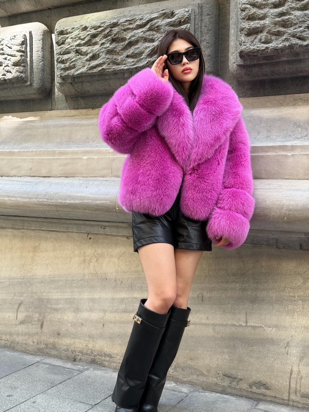 Pink Fox Fur Jacket, Handmade Women’s Short Fur Coat