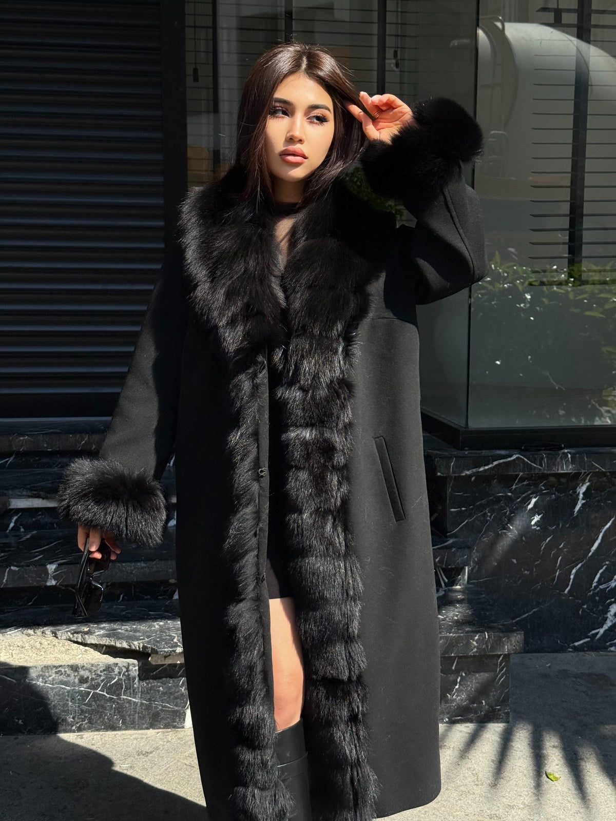 Black Cashmere Wool Blend Coat - Front Cuffs Fox Fur Coat - Women Fox Fur Jacket- Black Fox Fur Jacket