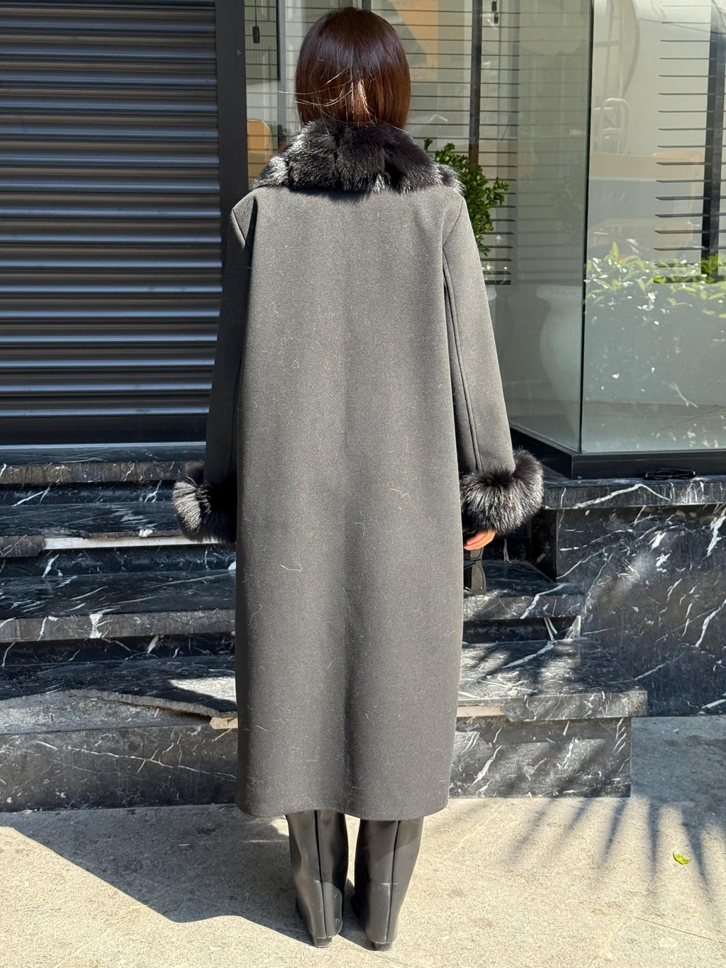 Black Cashmere Wool Blend Coat - Front Cuffs Fox Fur Coat - Women Fox Fur Jacket- Black Fox Fur Jacket