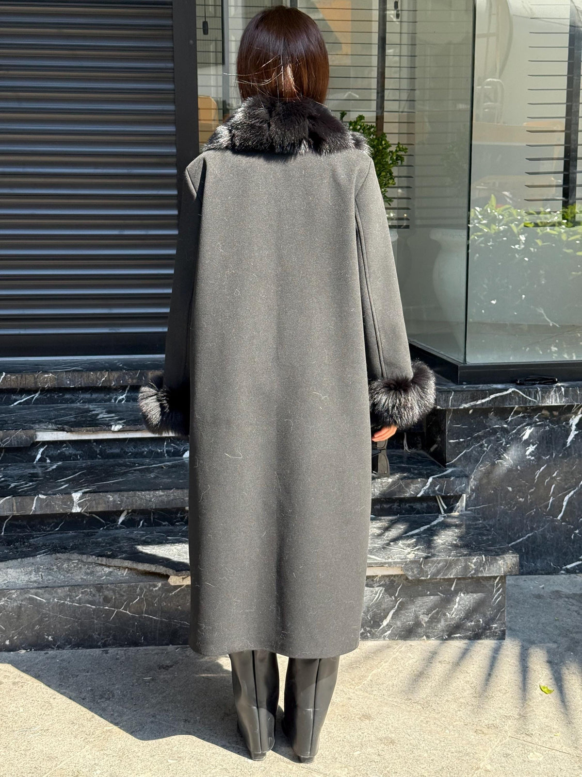 Black Cashmere Wool Blend Coat - Front Cuffs Fox Fur Coat - Women Fox Fur Jacket- Black Fox Fur Jacket