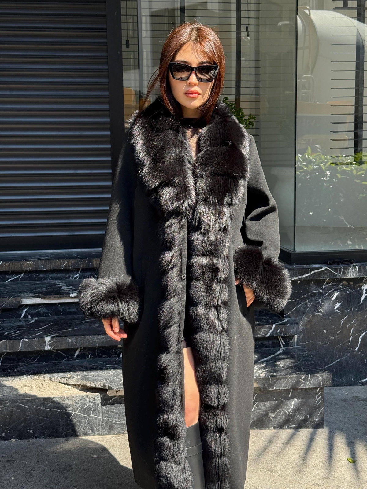 Black Cashmere Wool Blend Coat - Front Cuffs Fox Fur Coat - Women Fox Fur Jacket- Black Fox Fur Jacket