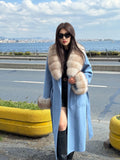 Sky Blue Luxury Cashmere Coat With Fox Fur Trim | Collar Cuffs Fox Fur Coat | Plus Size Long Belted Wool Coat For Women, Fox Fur Coat