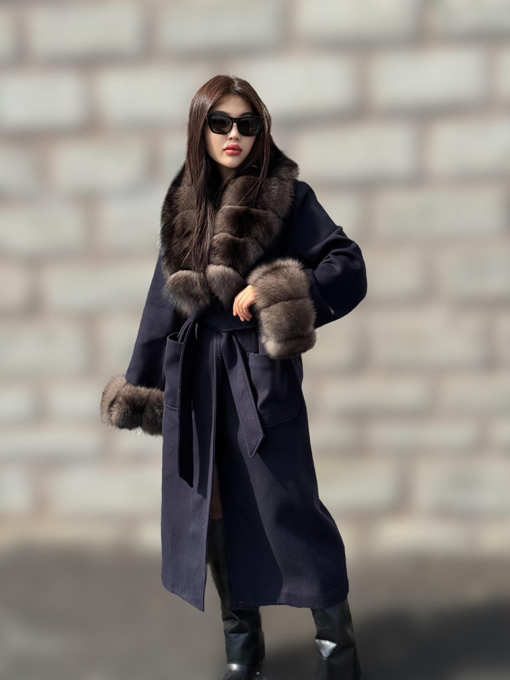 Navy Blue Cashmere Coat With Fur Trim | Handmade Long Collar & Cuffs Fox Fur Jacket