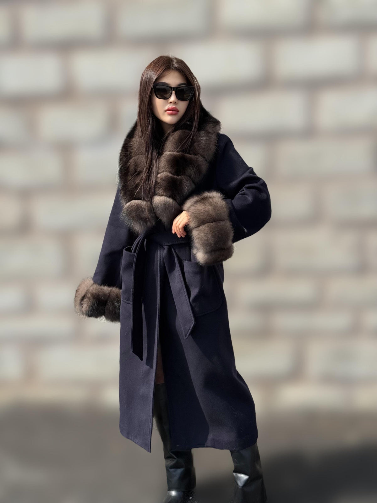 Navy Blue Cashmere Coat With Fur Trim | Handmade Long Collar & Cuffs Fox Fur Jacket