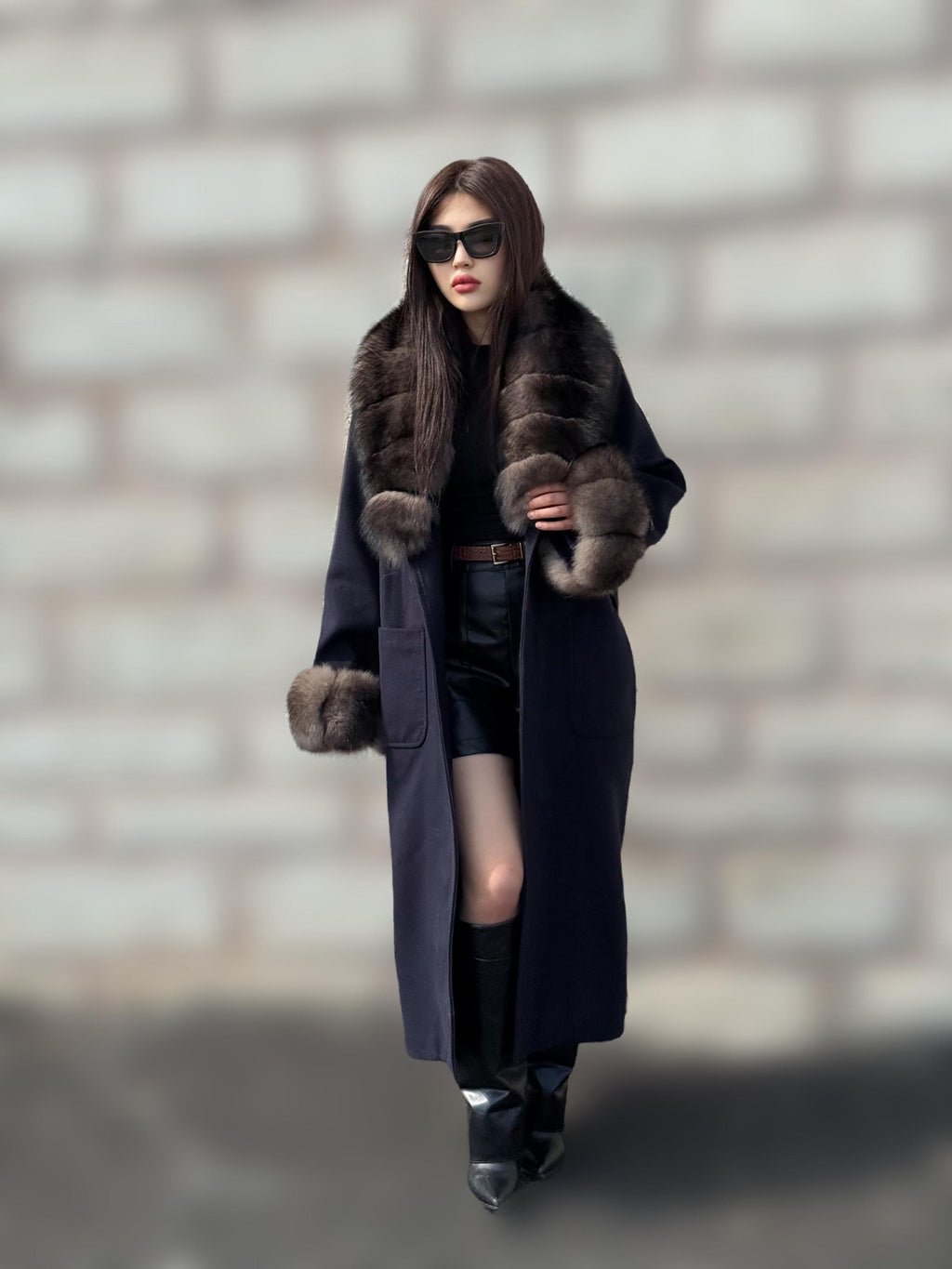 Navy Blue Cashmere Coat With Fur Trim | Handmade Long Collar & Cuffs Fox Fur Jacket