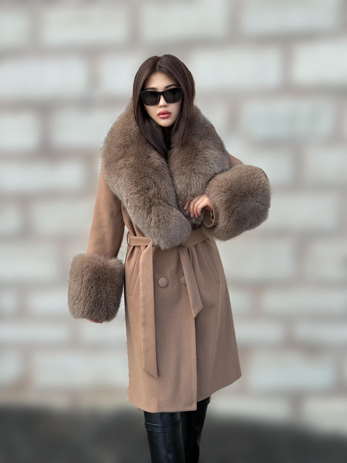 Camel Long Cashmere Collar&Cuffs Huge Fox Fur Coat, Women Fox Fur Jacket. - Camel Fox Fur Jacket -Fox Fur Jacket