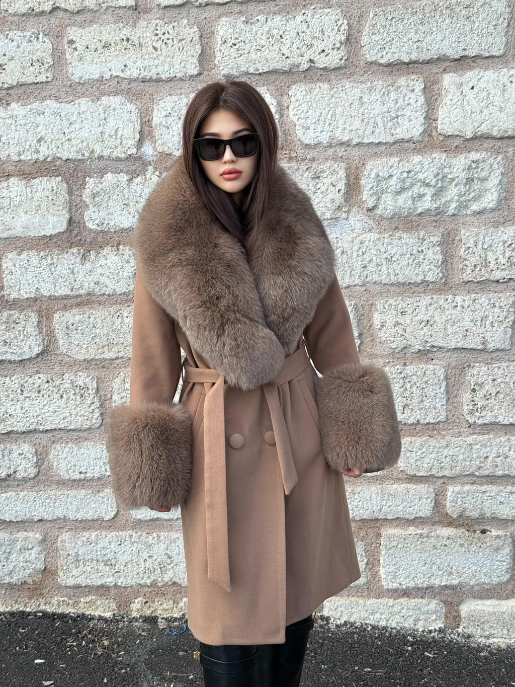 Camel Long Cashmere Collar&Cuffs Huge Fox Fur Coat, Women Fox Fur Jacket. - Camel Fox Fur Jacket -Fox Fur Jacket