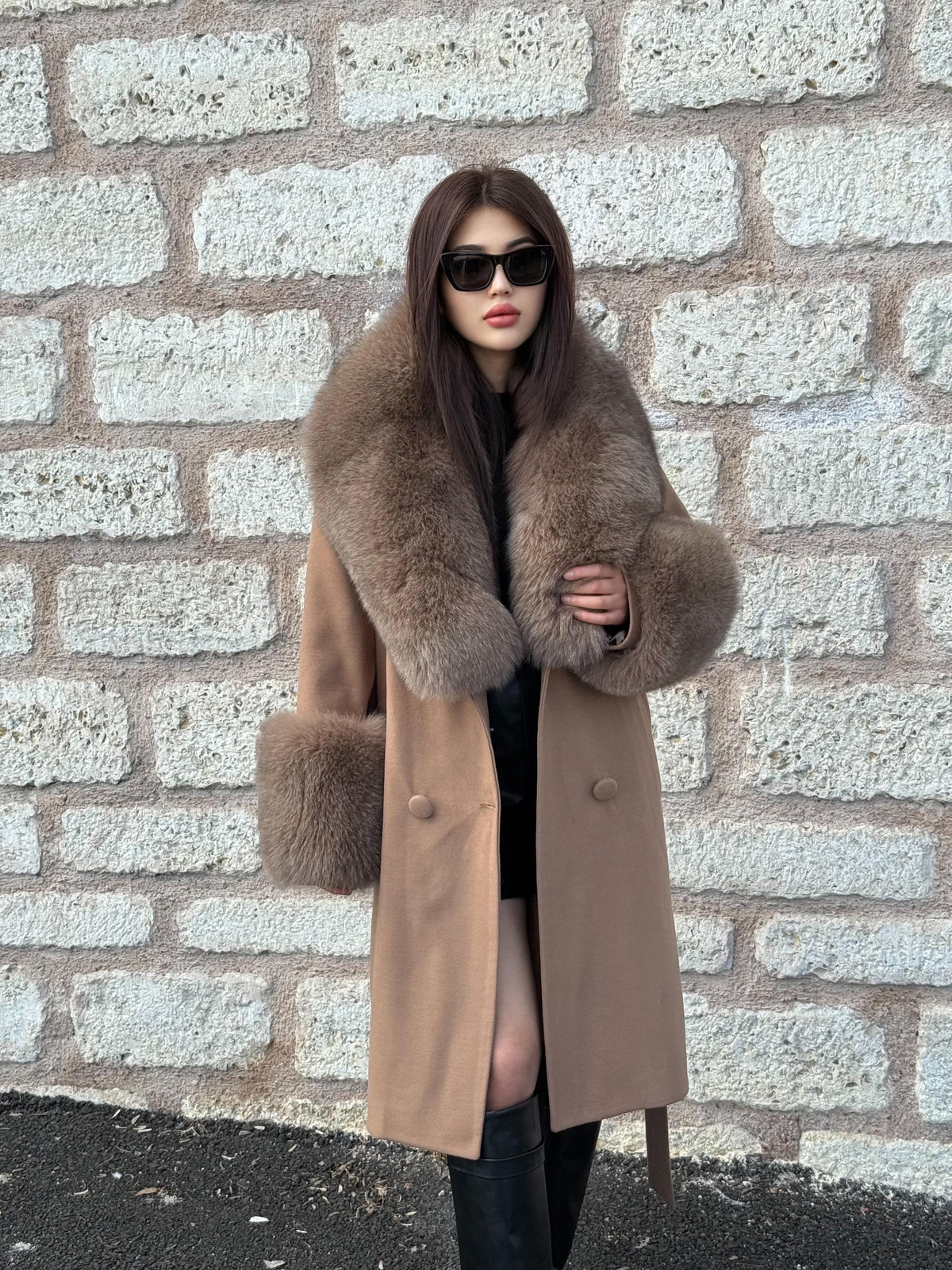 Camel Long Cashmere Collar&Cuffs Huge Fox Fur Coat, Women Fox Fur Jacket. - Camel Fox Fur Jacket -Fox Fur Jacket
