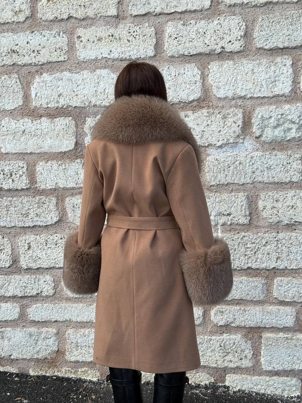Camel Long Cashmere Collar&Cuffs Huge Fox Fur Coat, Women Fox Fur Jacket. - Camel Fox Fur Jacket -Fox Fur Jacket