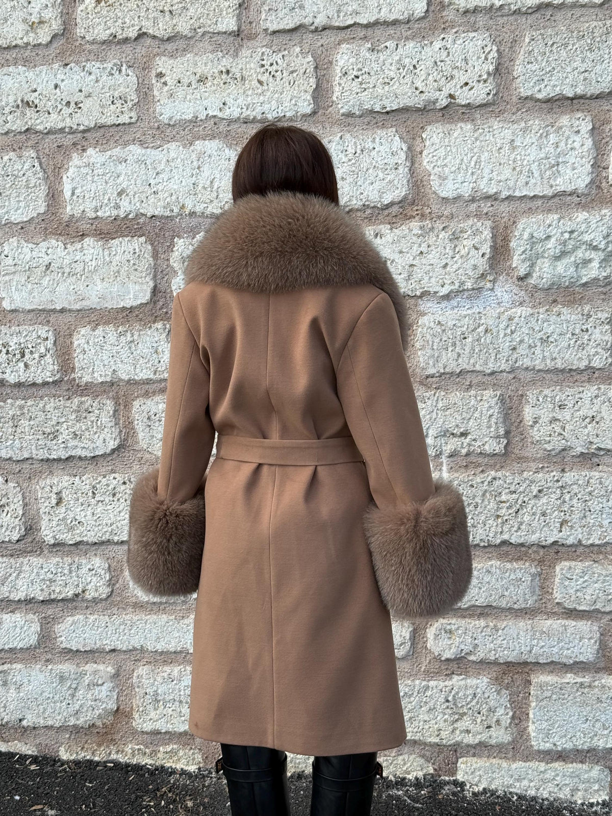 Camel Long Cashmere Collar&Cuffs Huge Fox Fur Coat, Women Fox Fur Jacket. - Camel Fox Fur Jacket -Fox Fur Jacket