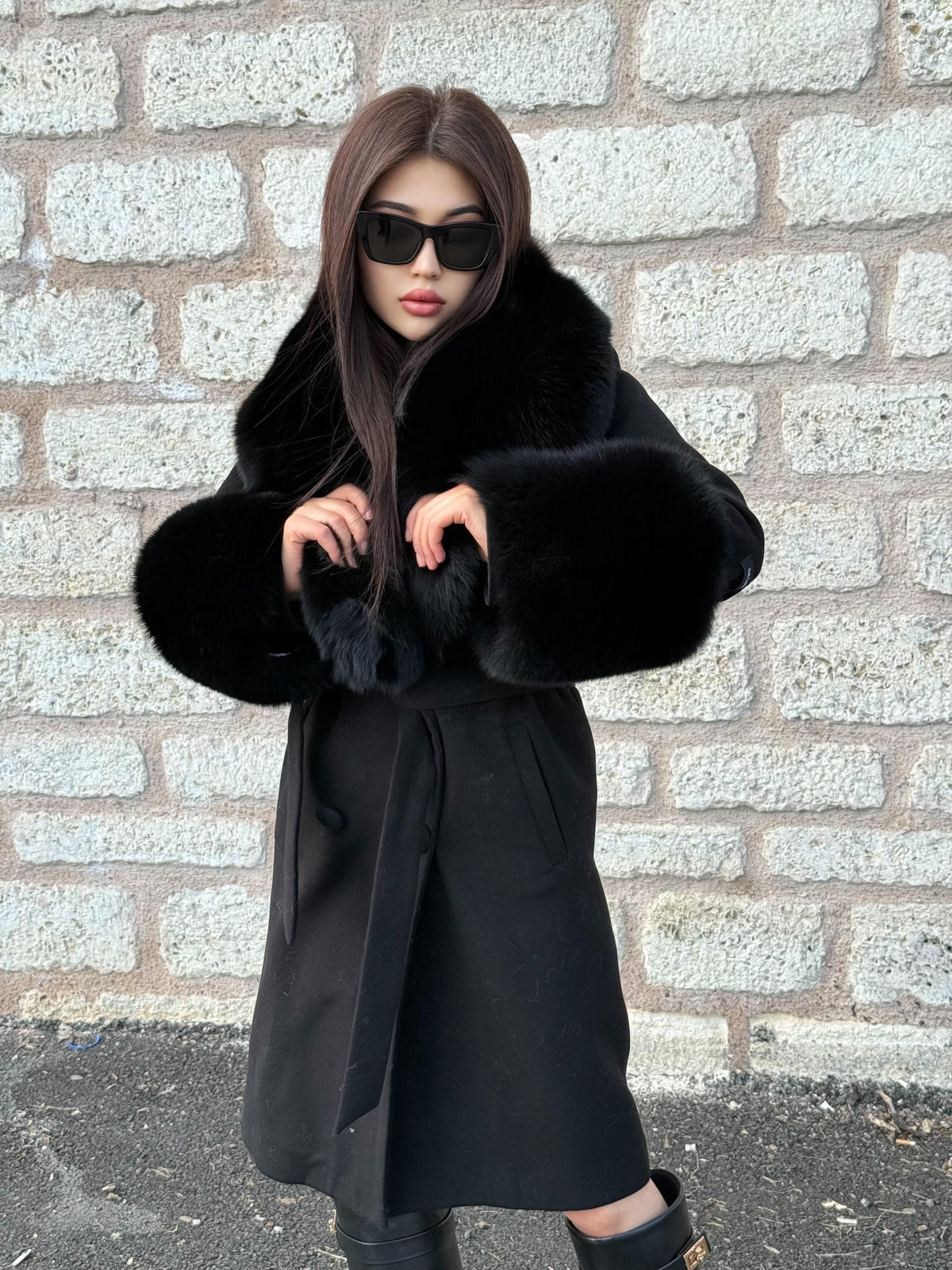 Black Long Cashmere & Wool Collar Cuffs Huge Fox Fur Coat, Women Fox Fur Jacket - Black Fox Fur Jacket