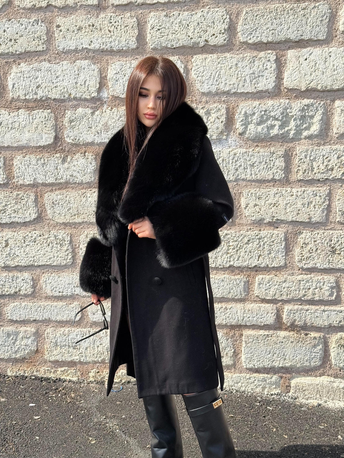 Black Long Cashmere & Wool Collar Cuffs Huge Fox Fur Coat, Women Fox Fur Jacket - Black Fox Fur Jacket