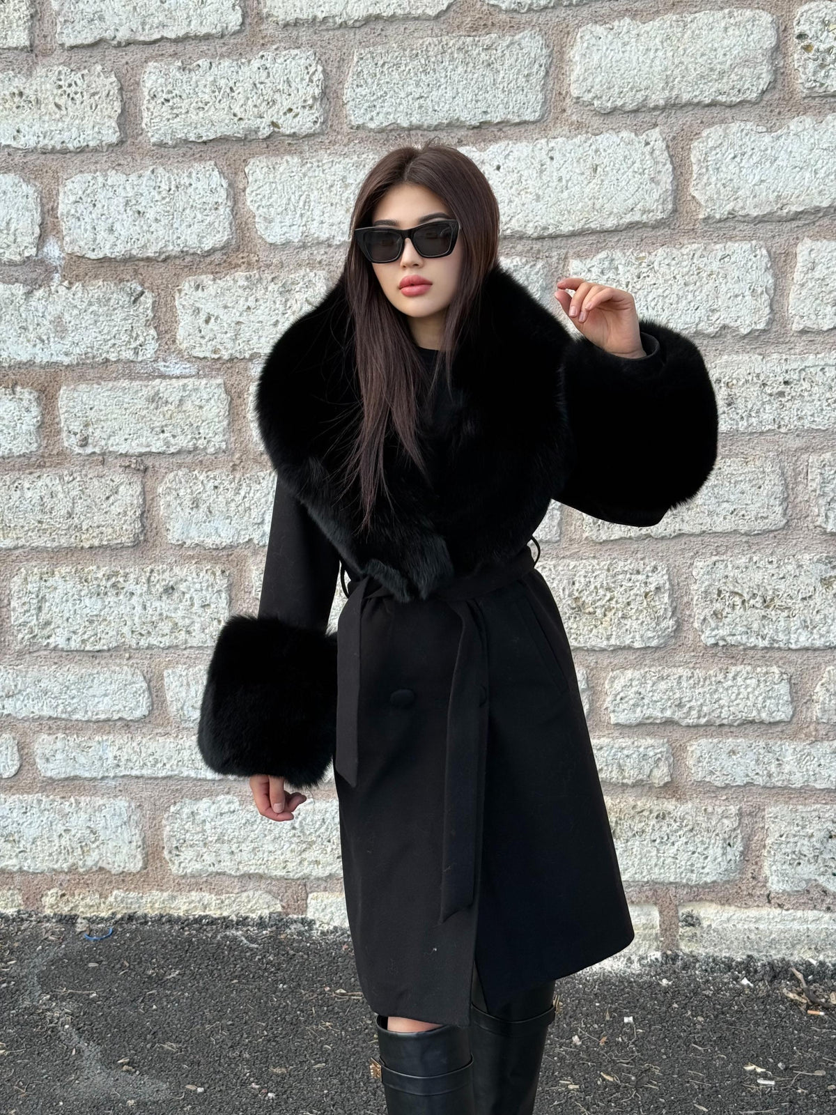 Black Long Cashmere & Wool Collar Cuffs Huge Fox Fur Coat, Women Fox Fur Jacket - Black Fox Fur Jacket
