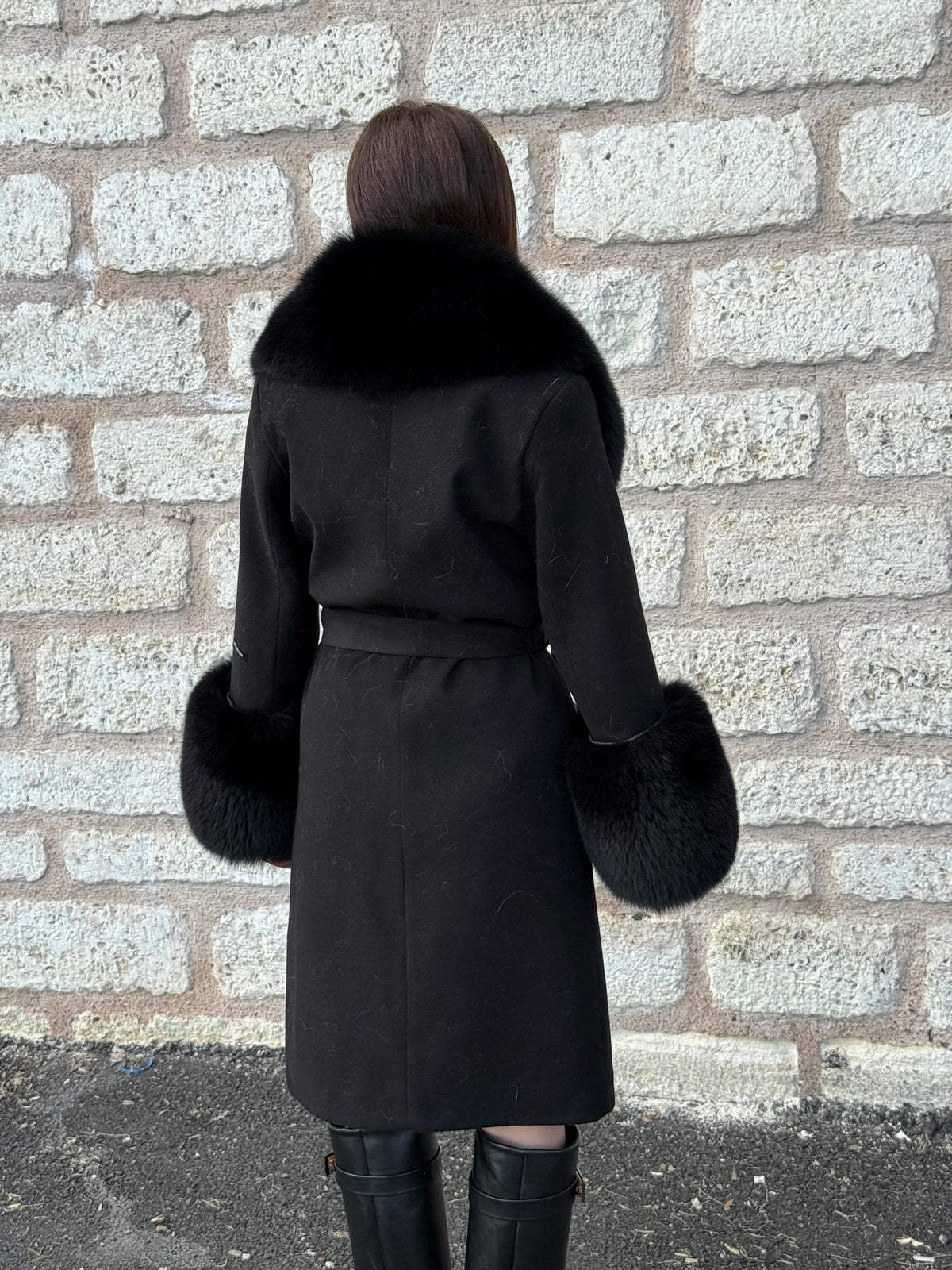 Black Long Cashmere & Wool Collar Cuffs Huge Fox Fur Coat, Women Fox Fur Jacket - Black Fox Fur Jacket