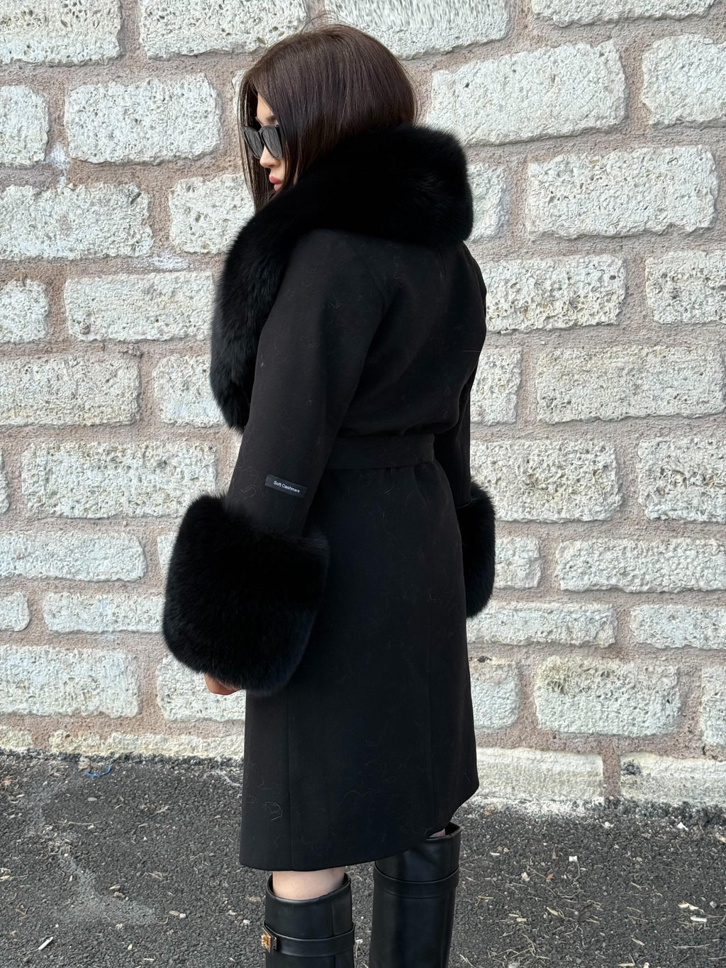 Black Long Cashmere & Wool Collar Cuffs Huge Fox Fur Coat, Women Fox Fur Jacket - Black Fox Fur Jacket