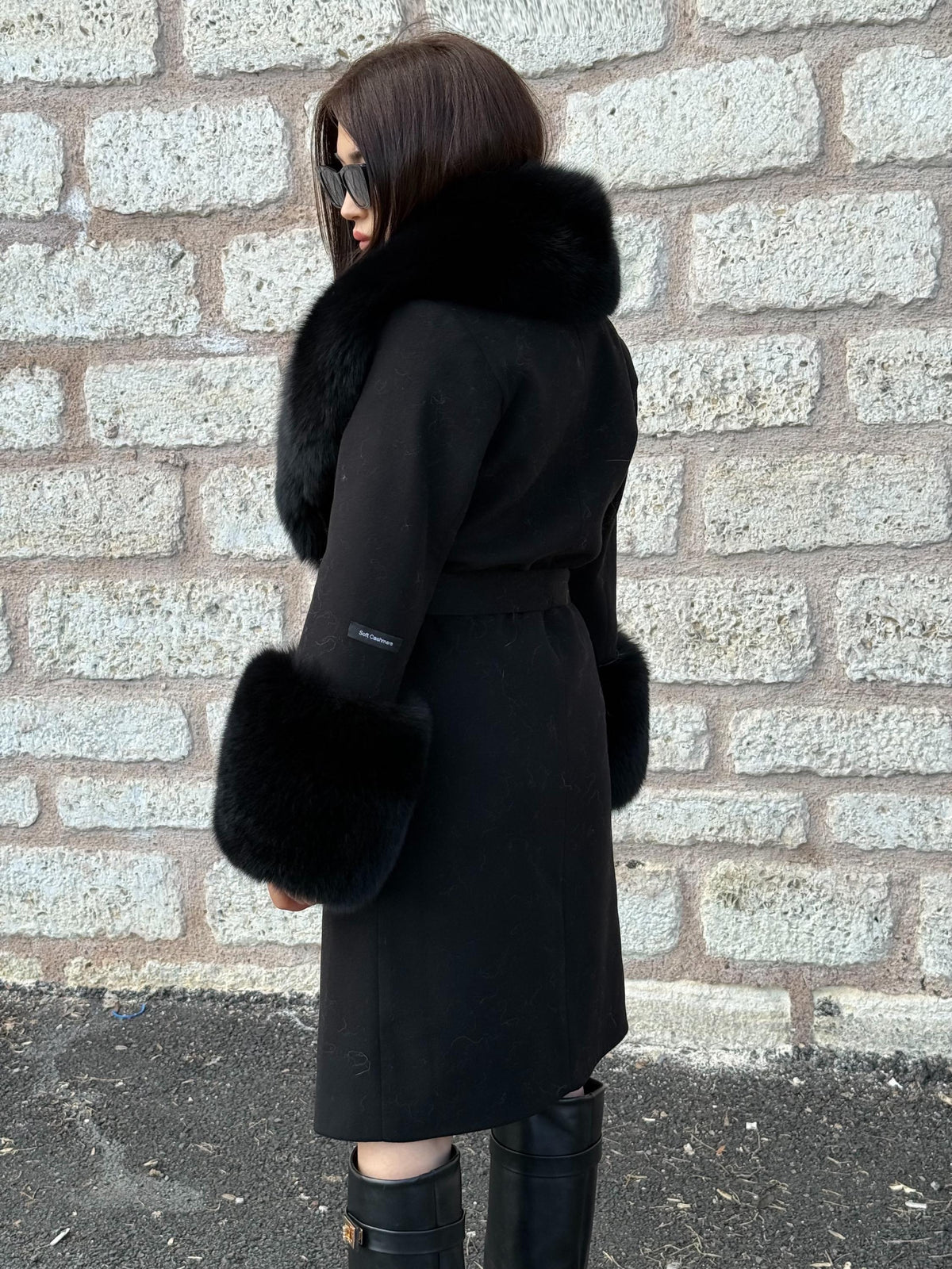 Black Long Cashmere & Wool Collar Cuffs Huge Fox Fur Coat, Women Fox Fur Jacket - Black Fox Fur Jacket