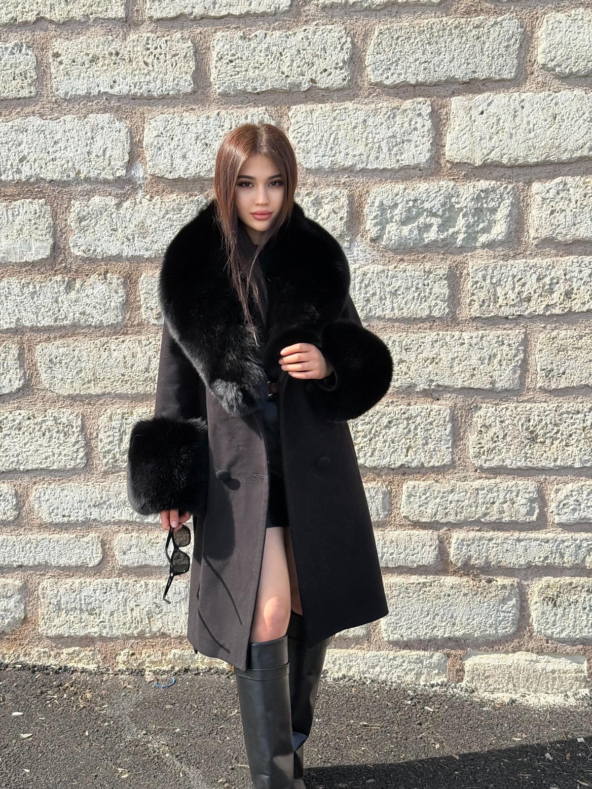 Black Long Cashmere & Wool Collar Cuffs Huge Fox Fur Coat, Women Fox Fur Jacket - Black Fox Fur Jacket