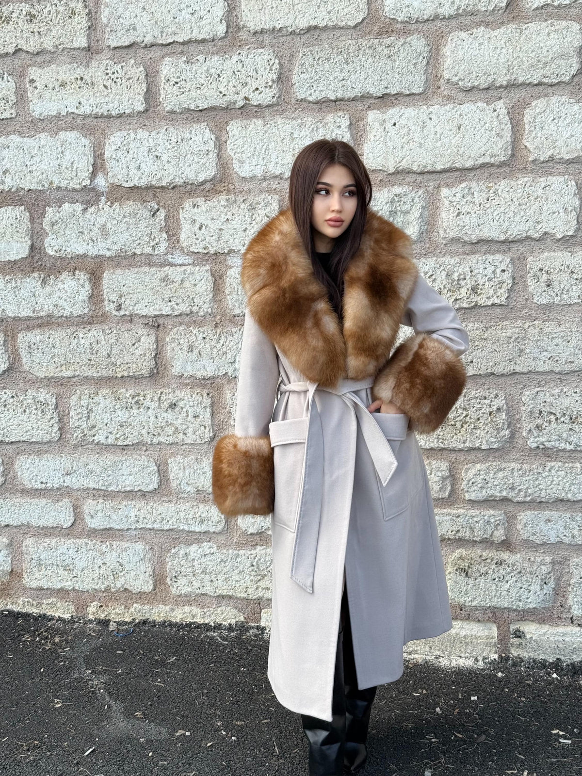 Beige Long Cashmere Blend Fox Fur Coat. Women’s Collar & Cuffs - Huge Fox Fur Jacket