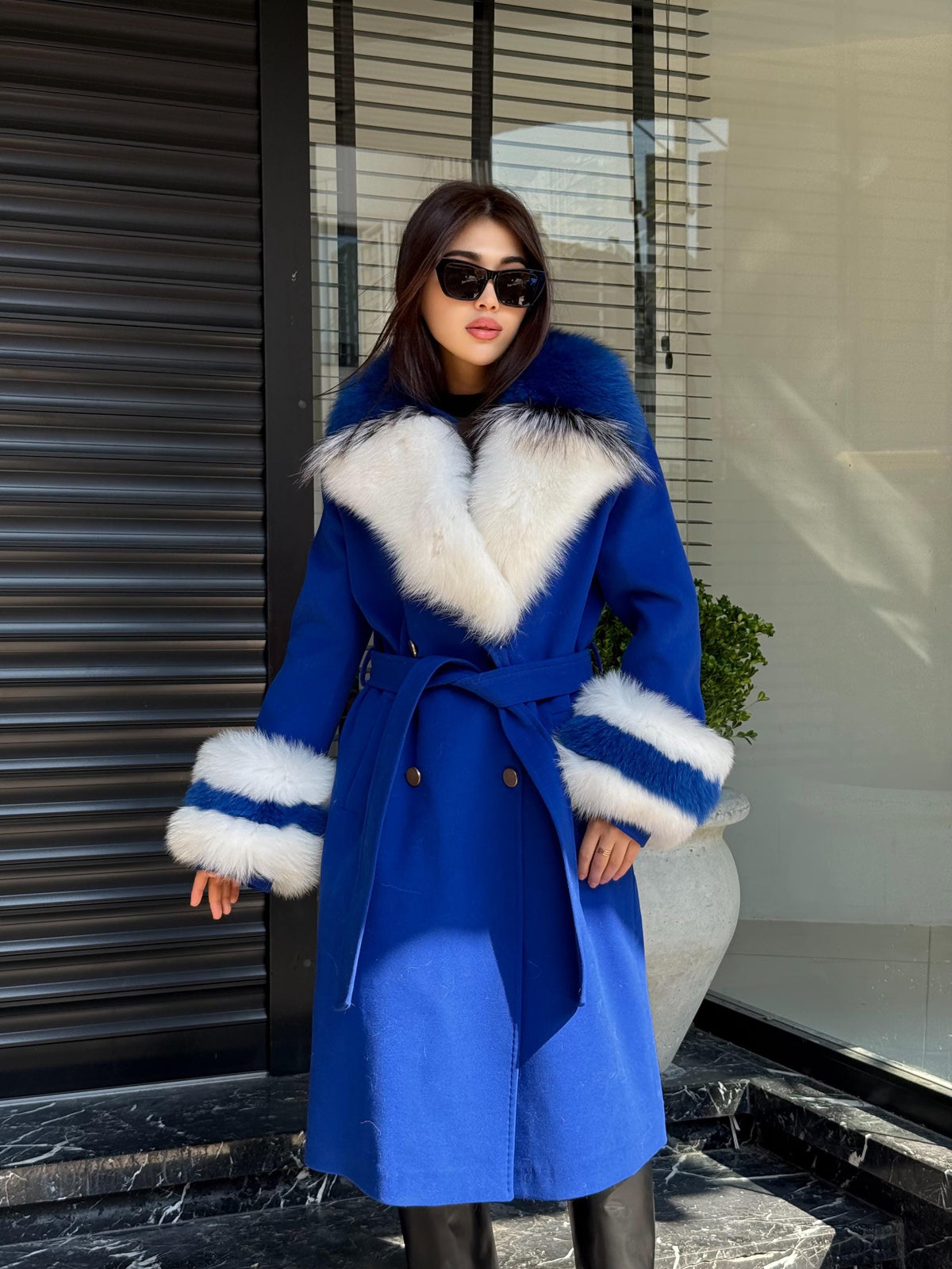 Sax Blue Cashmere Coat With Fox Fur Trim | Collar Cuffs Fox Fur Coat | Handmade Plus Size Long Belted Wool Coat For Women, Fox Fur Coat