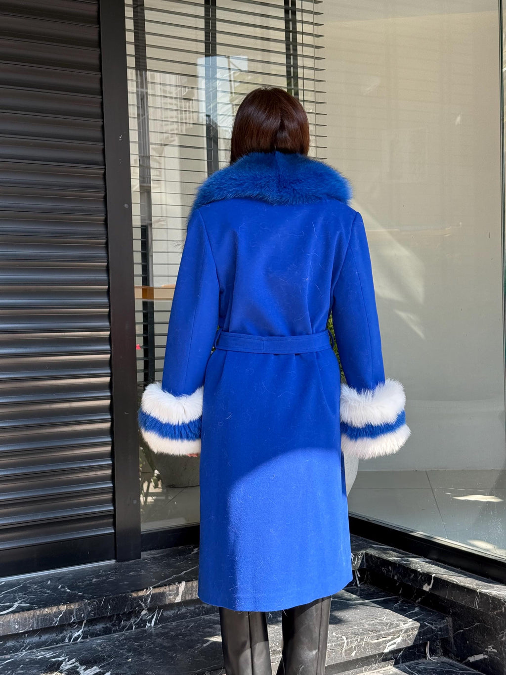 Sax Blue Cashmere Coat With Fox Fur Trim | Collar Cuffs Fox Fur Coat | Handmade Plus Size Long Belted Wool Coat For Women, Fox Fur Coat