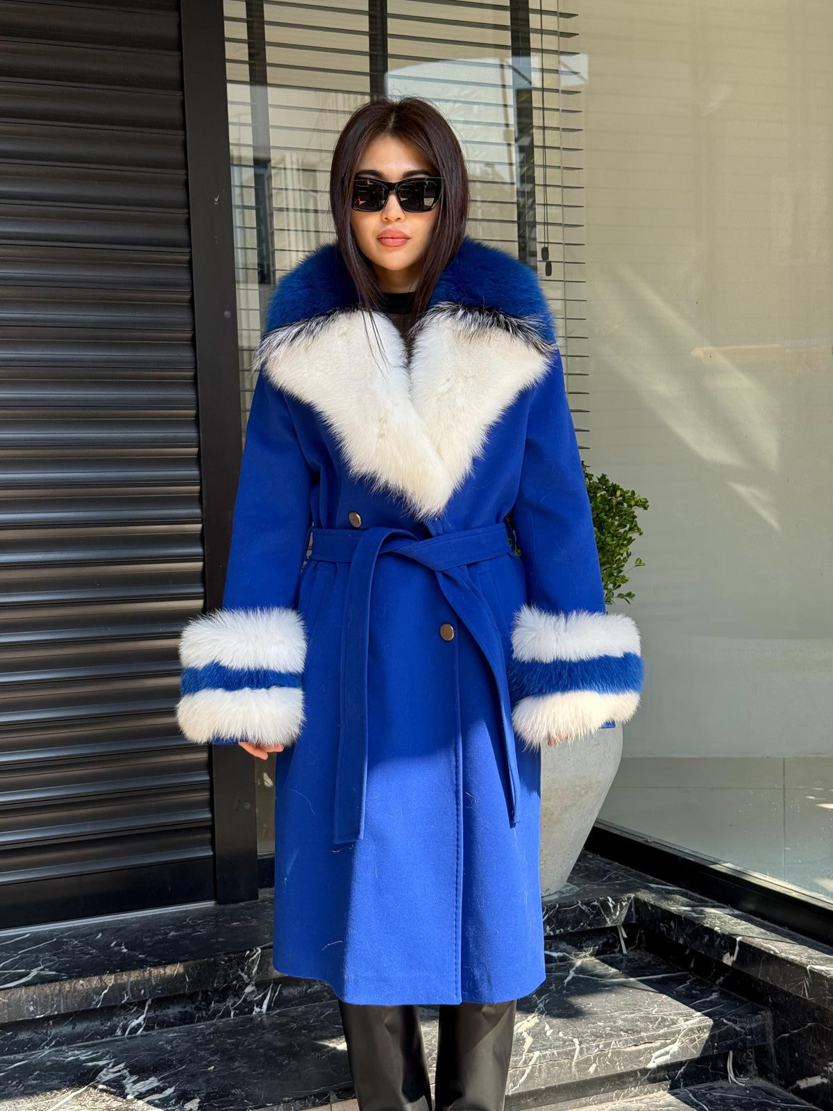 Sax Blue Cashmere Coat With Fox Fur Trim | Collar Cuffs Fox Fur Coat | Handmade Plus Size Long Belted Wool Coat For Women, Fox Fur Coat