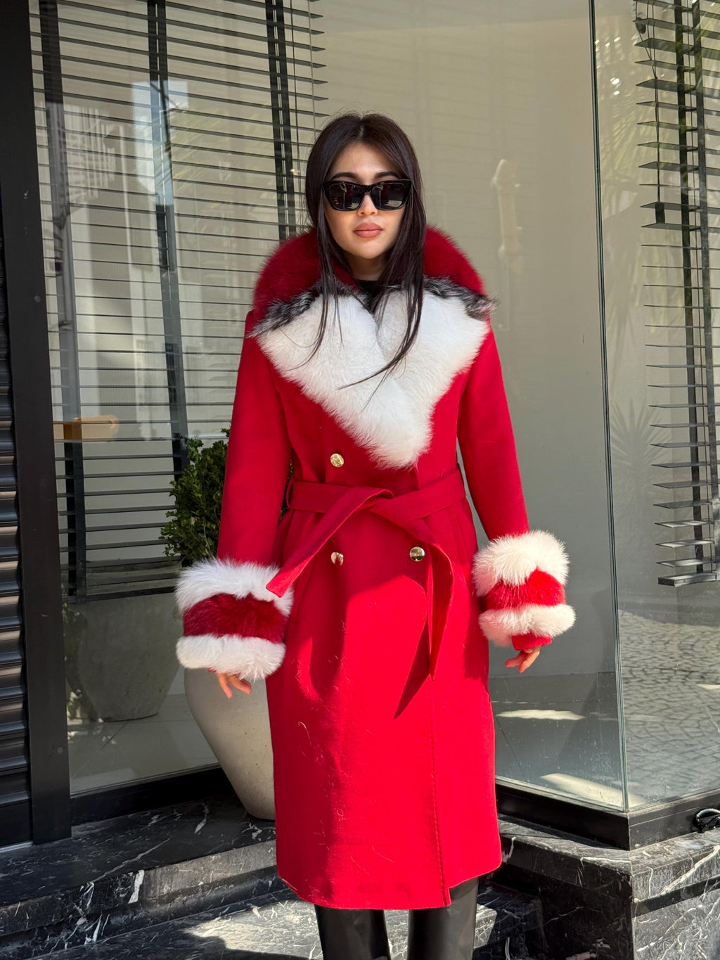 Red Handmade Luxury Women Cashmere Collar Fox Fur Coat | All Colours Available | Long 100 cm Belted Cashmere Coat For Women with Fox Fur