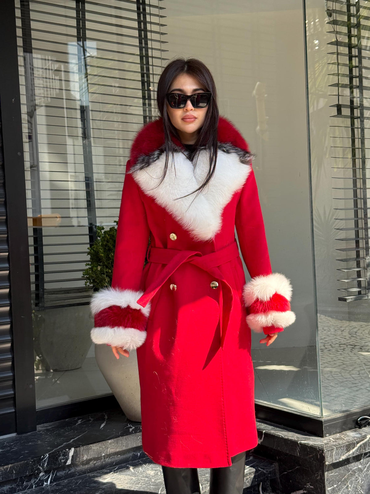 Red Handmade Luxury Women Cashmere Collar Fox Fur Coat | All Colours Available | Long 100 cm Belted Cashmere Coat For Women with Fox Fur